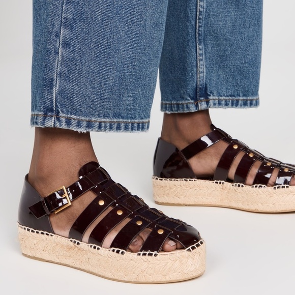 Gorgeous Tory Burch Fisherman Platform Espadrille Dark Cherry Red Patent Leather - Picture 3 of 9